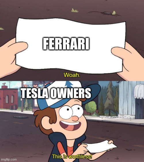 This is Worthless | FERRARI; TESLA OWNERS | image tagged in this is worthless | made w/ Imgflip meme maker
