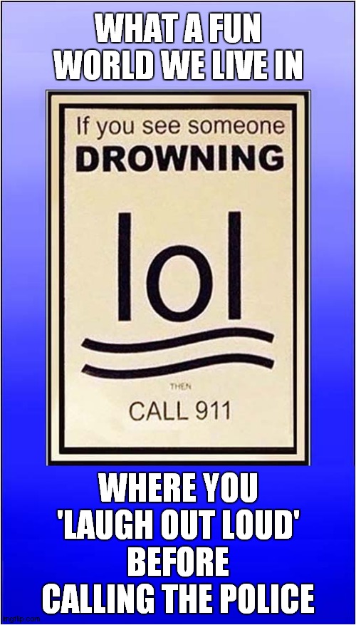 Drowning - lol  ? | WHAT A FUN WORLD WE LIVE IN; WHERE YOU 'LAUGH OUT LOUD'
BEFORE CALLING THE POLICE | image tagged in funny signs,drowning,dark humour | made w/ Imgflip meme maker