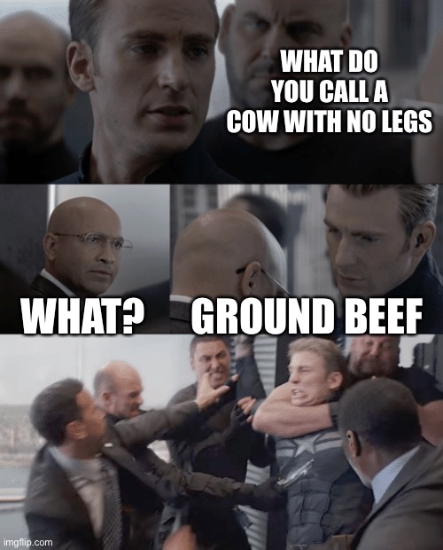 Dad jokes | WHAT DO YOU CALL A COW WITH NO LEGS; WHAT? GROUND BEEF | image tagged in captain america elevator,memes,fun,dad jokes | made w/ Imgflip meme maker