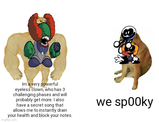 Buff Doge vs. Cheems Meme | Im a very powerful eyeless clown, who has 3 challenging phases and will probably get more. I also have a secret song that allows me to instantly drain your health and block your notes. we sp00ky | image tagged in memes,buff doge vs cheems | made w/ Imgflip meme maker