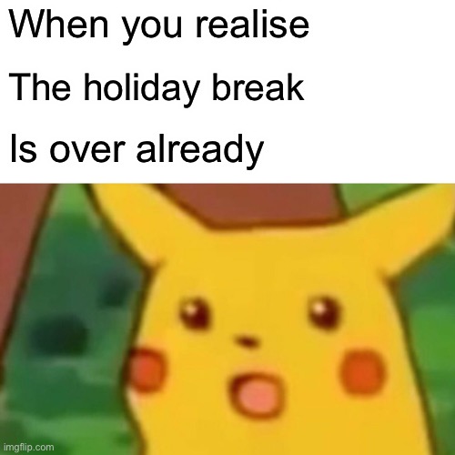 Surprised Pikachu | When you realise; The holiday break; Is over already | image tagged in memes,surprised pikachu | made w/ Imgflip meme maker