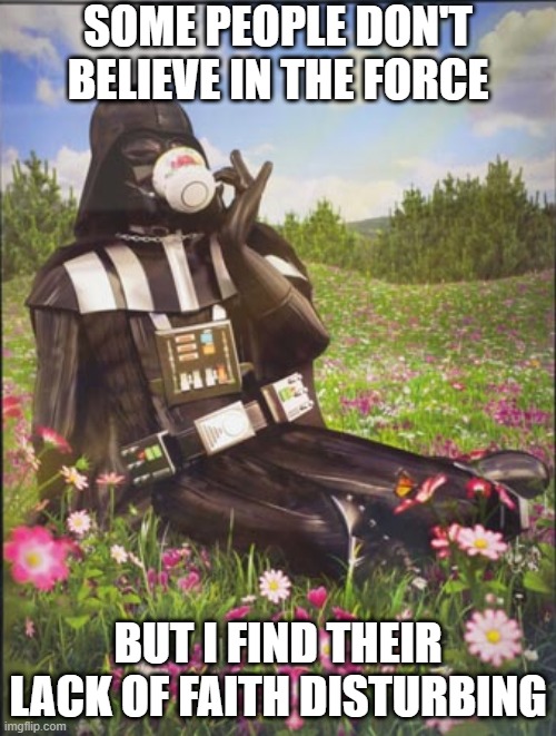 It Is His Business | SOME PEOPLE DON'T BELIEVE IN THE FORCE; BUT I FIND THEIR LACK OF FAITH DISTURBING | image tagged in darth vader | made w/ Imgflip meme maker