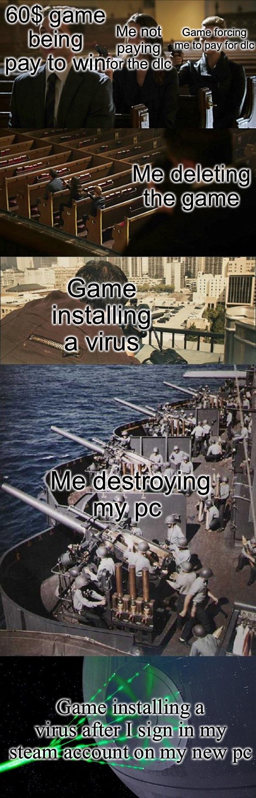 Garbage meme since the ending doesn't make sense | Me not paying for the dlc; 60$ game being pay to win; Game forcing me to pay for dlc; Me deleting the game; Game installing a virus; Me destroying my pc; Game installing a virus after I sign in my steam account on my new pc | image tagged in assassination chain extended,memes,lol,funny,unfunny,oh wow are you actually reading these tags | made w/ Imgflip meme maker