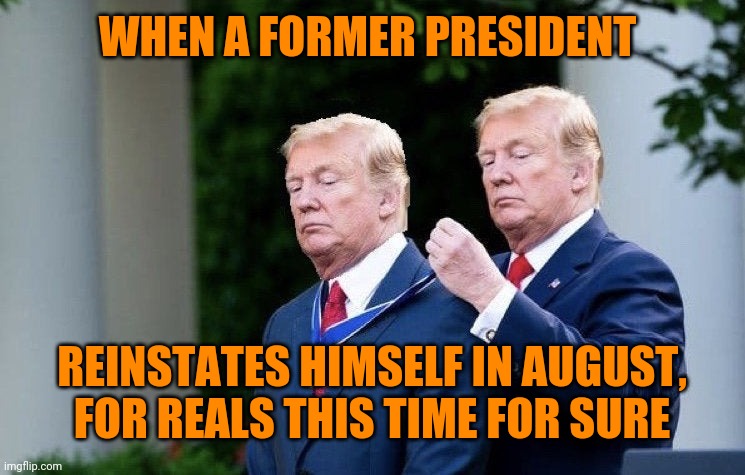 Trump Medal | WHEN A FORMER PRESIDENT; REINSTATES HIMSELF IN AUGUST, FOR REALS THIS TIME FOR SURE | image tagged in trump medal | made w/ Imgflip meme maker