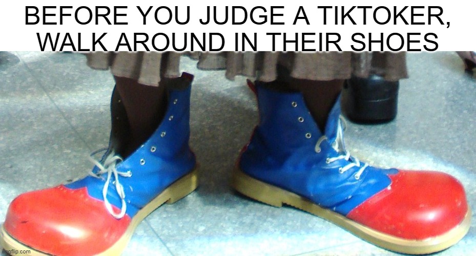 Tiktokers are just misunderstood. |  BEFORE YOU JUDGE A TIKTOKER, WALK AROUND IN THEIR SHOES | image tagged in memes,funny,true,clown shoes,tiktok,sarcasm | made w/ Imgflip meme maker