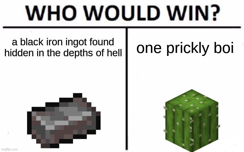 ??? | a black iron ingot found hidden in the depths of hell; one prickly boi | image tagged in memes,who would win | made w/ Imgflip meme maker
