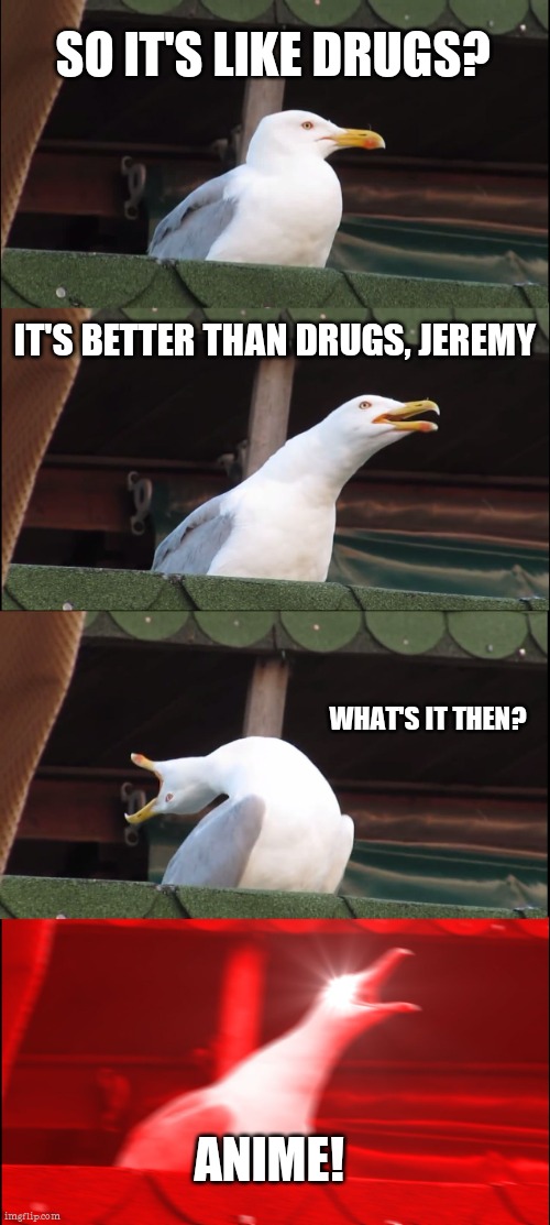 Anime is OP | SO IT'S LIKE DRUGS? IT'S BETTER THAN DRUGS, JEREMY; WHAT'S IT THEN? ANIME! | image tagged in memes,inhaling seagull | made w/ Imgflip meme maker