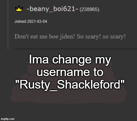 After a month I'm gonna change it back | Ima change my username to "Rusty_Shackleford" | image tagged in beany | made w/ Imgflip meme maker