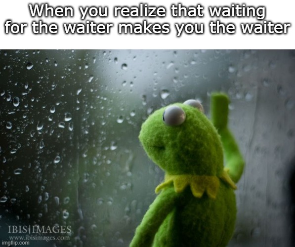 Waiter | When you realize that waiting for the waiter makes you the waiter | image tagged in kermit window,waiter,sad,kermit the frog,memes,funny | made w/ Imgflip meme maker