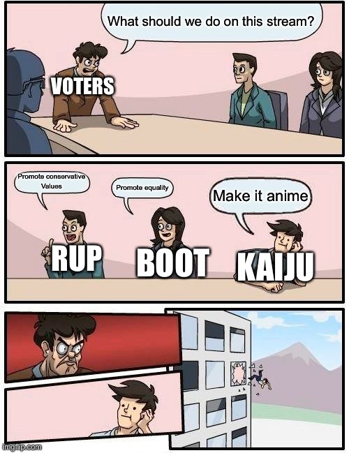 Choose wisely! | What should we do on this stream? VOTERS; Promote conservative
Values; Promote equality; Make it anime; RUP; BOOT; KAIJU | image tagged in memes,boardroom meeting suggestion | made w/ Imgflip meme maker