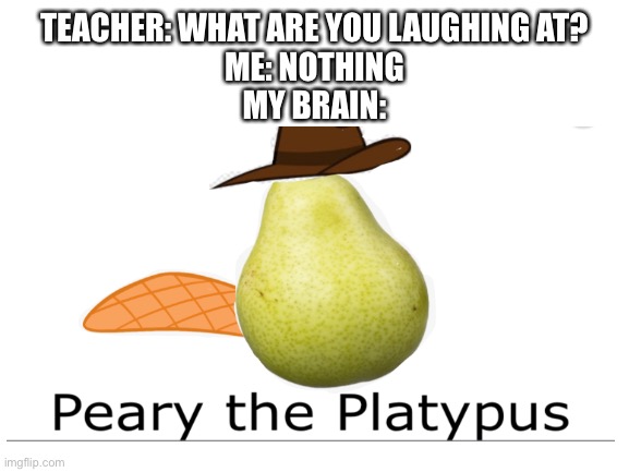 Peary the Platypus | TEACHER: WHAT ARE YOU LAUGHING AT?
ME: NOTHING
MY BRAIN: | image tagged in teacher what are you laughing at,platypus | made w/ Imgflip meme maker