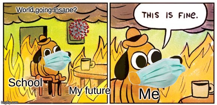 I don't really know if I'm happy, are you happy? | World going insane? School; My future; Me | image tagged in memes,this is fine,insanity,future,school | made w/ Imgflip meme maker