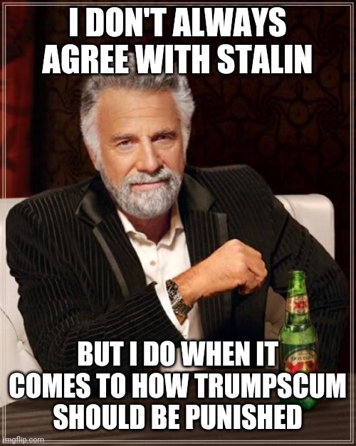 The Most Interesting Man In The World Meme | I DON'T ALWAYS AGREE WITH STALIN BUT I DO WHEN IT COMES TO HOW TRUMPSCUM SHOULD BE PUNISHED | image tagged in memes,the most interesting man in the world | made w/ Imgflip meme maker