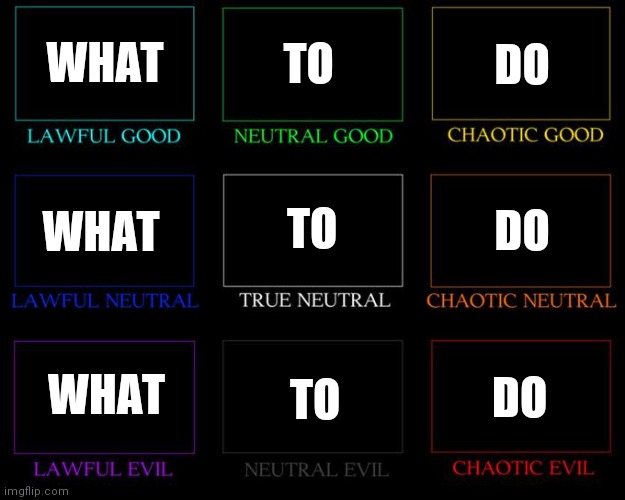 What to do | WHAT; TO; DO; TO; DO; WHAT; WHAT; TO; DO | image tagged in alignment chart | made w/ Imgflip meme maker