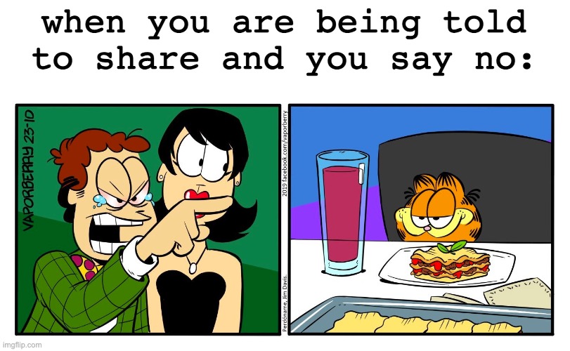 OOOF | when you are being told to share and you say no: | image tagged in funny,memes,cats,garfield,lasagna,stop reading the tags | made w/ Imgflip meme maker