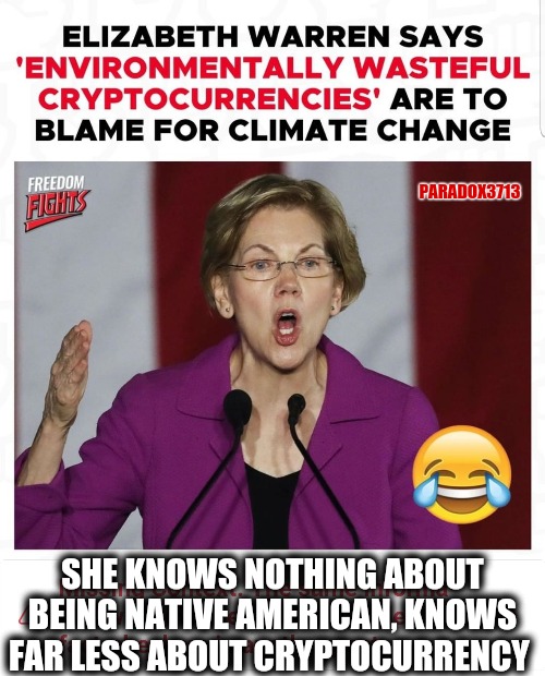 PARADOX3713; SHE KNOWS NOTHING ABOUT BEING NATIVE AMERICAN, KNOWS FAR LESS ABOUT CRYPTOCURRENCY | image tagged in memes,funny,politics,cryptocurrency,elizabeth warren,climate change | made w/ Imgflip meme maker