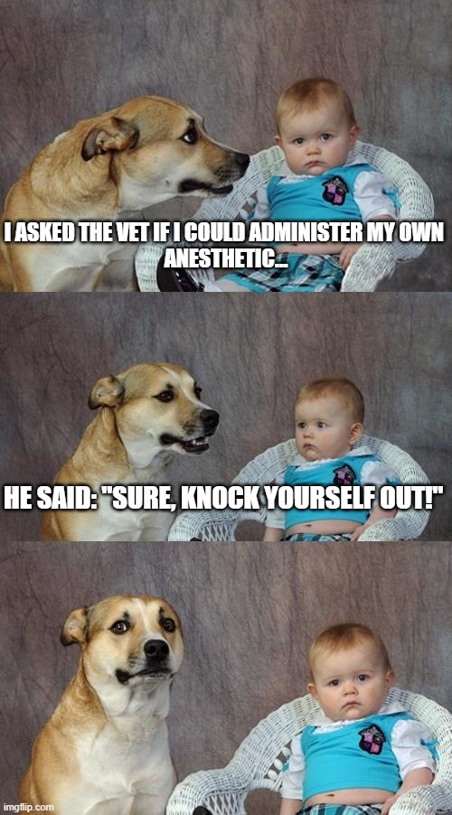 Dog asks Vet | I ASKED THE VET IF I COULD ADMINISTER MY OWN 
ANESTHETIC... HE SAID: "SURE, KNOCK YOURSELF OUT!" | image tagged in memes,dad joke dog,funny,baby,dog | made w/ Imgflip meme maker