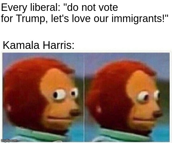 Kamala is the new hero | Every liberal: "do not vote for Trump, let's love our immigrants!"; Kamala Harris: | image tagged in memes,monkey puppet | made w/ Imgflip meme maker