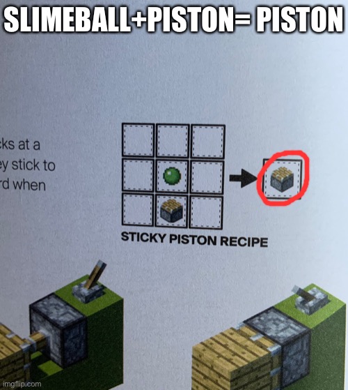 Also in the official Minecraft redstone guide | SLIMEBALL+PISTON= PISTON | made w/ Imgflip meme maker