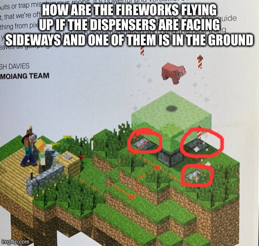 What is wrong with the official Minecraft redstone guide | HOW ARE THE FIREWORKS FLYING UP IF THE DISPENSERS ARE FACING SIDEWAYS AND ONE OF THEM IS IN THE GROUND | made w/ Imgflip meme maker