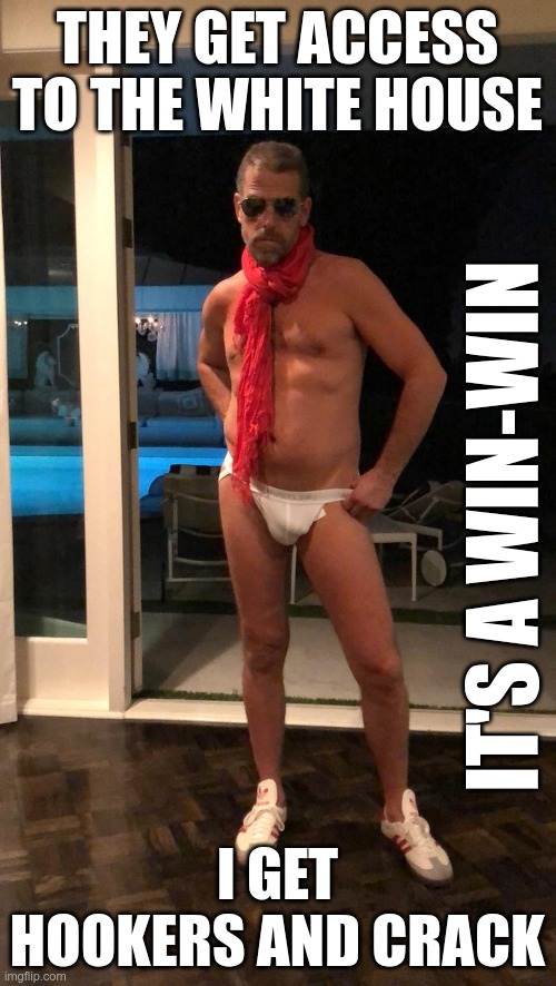 Hunter Biden | THEY GET ACCESS TO THE WHITE HOUSE I GET HOOKERS AND CRACK IT'S A WIN-WIN | image tagged in hunter biden | made w/ Imgflip meme maker