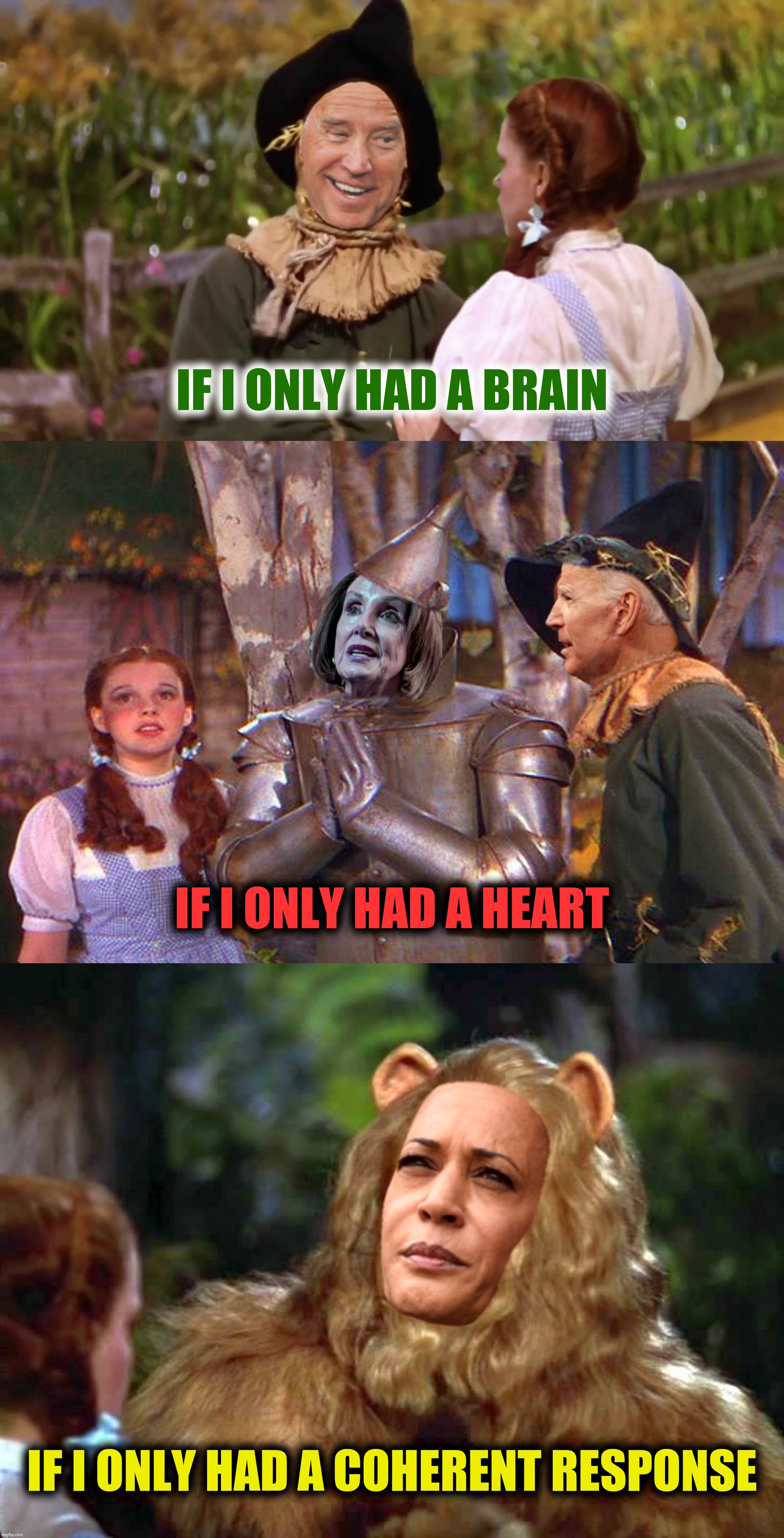 Bad Photoshop Sunday presents:  I don't think we're in Kansas | IF I ONLY HAD A BRAIN; IF I ONLY HAD A HEART; IF I ONLY HAD A COHERENT RESPONSE | image tagged in bad photoshop sunday,wizard of oz,joe biden,nancy pelosi,kamala harris | made w/ Imgflip meme maker