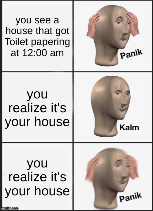 Panik Kalm Panik Meme | you see a house that got Toilet papering at 12:00 am; you realize it's your house; you realize it's your house | image tagged in memes,panik kalm panik | made w/ Imgflip meme maker