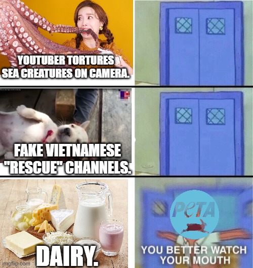 PETA hates milk. | YOUTUBER TORTURES SEA CREATURES ON CAMERA. FAKE VIETNAMESE "RESCUE" CHANNELS. DAIRY. | image tagged in you better watch your mouth,memes,funny,milk,peta,youtube | made w/ Imgflip meme maker