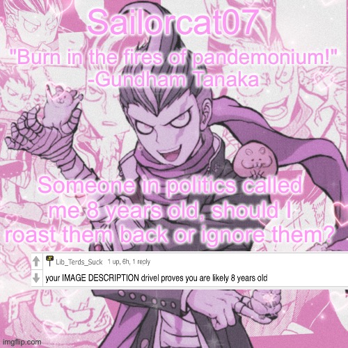 Sailorcat's Gundham temp | Someone in politics called me 8 years old, should I roast them back or ignore them? | image tagged in sailorcat's gundham temp | made w/ Imgflip meme maker