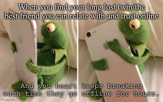This is me every single day on Quotev | When you find your long lost twin/the best friend you can relate with and trust online; And you heart keeps breaking each time they go offline for hours. | image tagged in kermit hugging phone | made w/ Imgflip meme maker