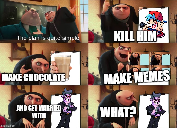 Gru Plan (2030) | KILL HIM; MAKE CHOCOLATE; MAKE MEMES; AND GET MARRIED
WITH; WHAT? | image tagged in gru explaining a plan meme | made w/ Imgflip meme maker
