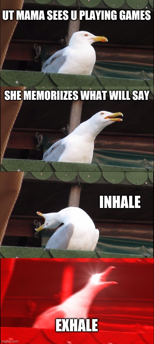 Inhaling Seagull Meme | UT MAMA SEES U PLAYING GAMES; SHE MEMORIIZES WHAT WILL SAY; INHALE; EXHALE | image tagged in memes,inhaling seagull | made w/ Imgflip meme maker