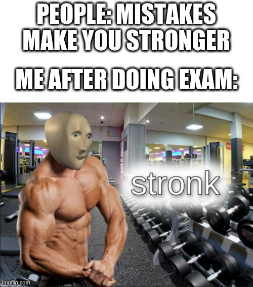 stronks | PEOPLE: MISTAKES MAKE YOU STRONGER; ME AFTER DOING EXAM: | image tagged in stronks | made w/ Imgflip meme maker