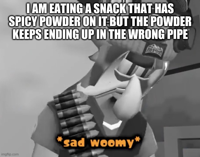 -_- | I AM EATING A SNACK THAT HAS SPICY POWDER ON IT BUT THE POWDER KEEPS ENDING UP IN THE WRONG PIPE | image tagged in sad woomy | made w/ Imgflip meme maker