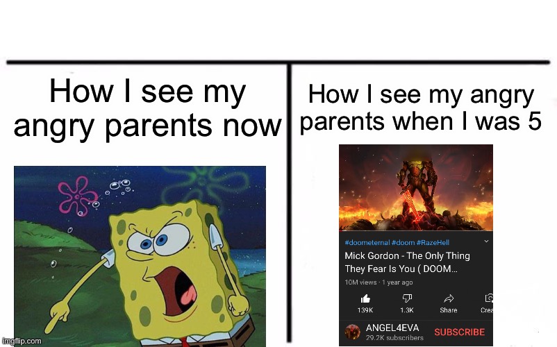 *title* | How I see my angry parents now; How I see my angry parents when I was 5 | image tagged in memes,who would win,parents,spongebob,doom,doom eternal | made w/ Imgflip meme maker