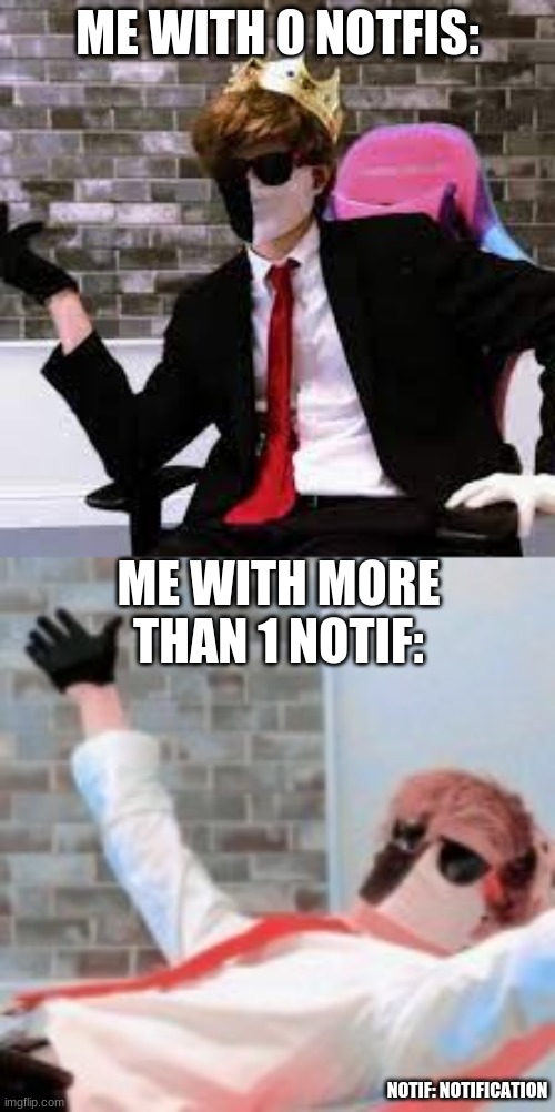 ME WITH 0 NOTFIS:; ME WITH MORE THAN 1 NOTIF:; NOTIF: NOTIFICATION | image tagged in ewbhfgvweghvve | made w/ Imgflip meme maker