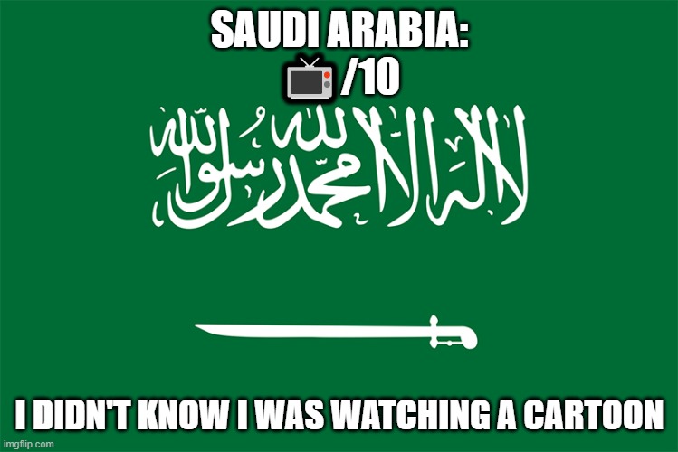 Ranking EAS alarms: Saudi Arabia | SAUDI ARABIA:
📺/10; I DIDN'T KNOW I WAS WATCHING A CARTOON | made w/ Imgflip meme maker