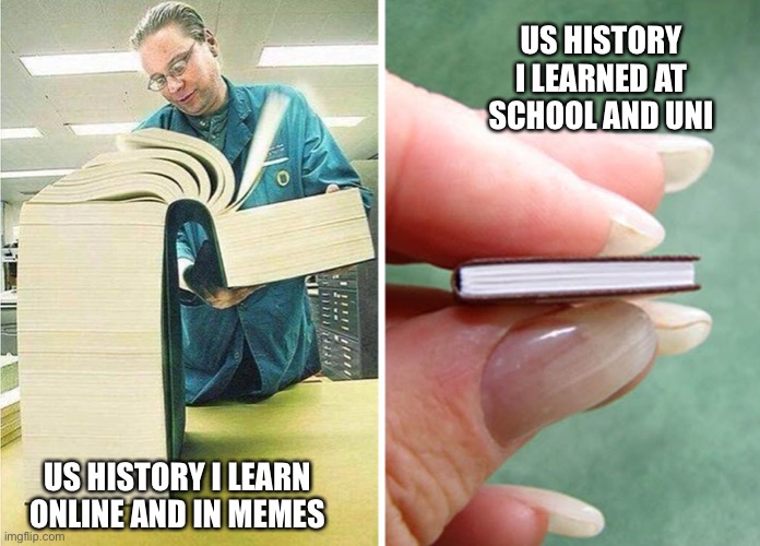 US History in memes | US HISTORY I LEARNED AT SCHOOL AND UNI; US HISTORY I LEARN ONLINE AND IN MEMES | image tagged in big book little book,history,memes,school,unhelpful high school teacher,university | made w/ Imgflip meme maker