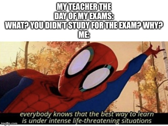 EVERYONE KNOWS THE BEST WAY TO LEARN IS UNDER INTENSE LIFE-THREATENING SITUATIONS | MY TEACHER THE DAY OF MY EXAMS: WHAT? YOU DIDN’T STUDY FOR THE EXAM? WHY?
ME: | image tagged in school | made w/ Imgflip meme maker