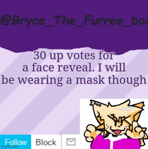 @Bryce_The_Furree_boi | 30 up votes for a face reveal. I will be wearing a mask though | image tagged in bryce_the_furree_boi | made w/ Imgflip meme maker