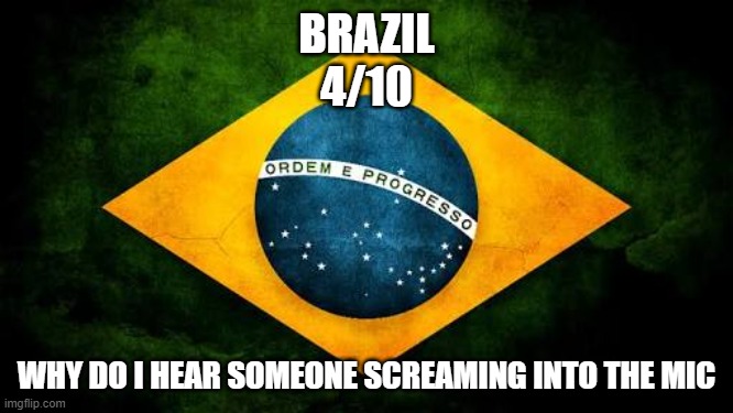 Ranking EAS alarms: Brazil | BRAZIL
4/10; WHY DO I HEAR SOMEONE SCREAMING INTO THE MIC | image tagged in brazil flag | made w/ Imgflip meme maker