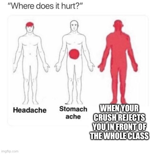 Where does it hurt | WHEN YOUR CRUSH REJECTS YOU IN FRONT OF THE WHOLE CLASS | image tagged in where does it hurt | made w/ Imgflip meme maker