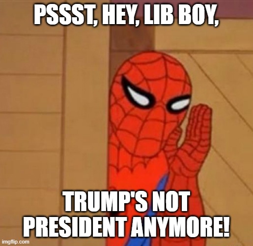 Spider-Man Whisper | PSSST, HEY, LIB BOY, TRUMP'S NOT PRESIDENT ANYMORE! | image tagged in spider-man whisper | made w/ Imgflip meme maker