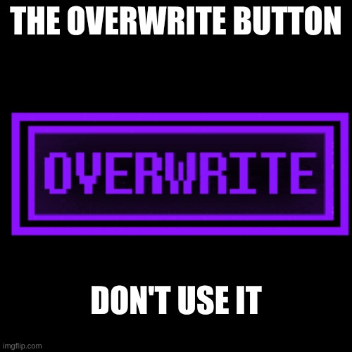 don't use it. | THE OVERWRITE BUTTON; DON'T USE IT | image tagged in memes,blank transparent square | made w/ Imgflip meme maker