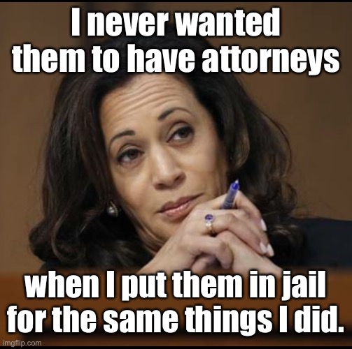 Kamala Harris  | I never wanted them to have attorneys when I put them in jail for the same things I did. | image tagged in kamala harris | made w/ Imgflip meme maker