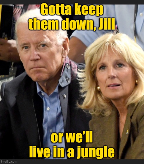 Joe and Jill Biden | Gotta keep them down, Jill or we’ll live in a jungle | image tagged in joe and jill biden | made w/ Imgflip meme maker