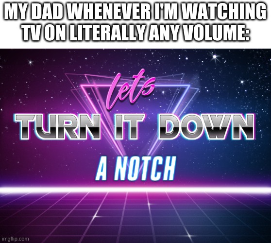 let's turn it down a notch |  MY DAD WHENEVER I'M WATCHING TV ON LITERALLY ANY VOLUME: | image tagged in let's turn it down a notch | made w/ Imgflip meme maker