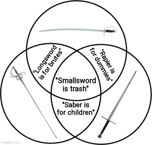 No hard feelings for practioners of any of these marvelous weapons (except you, smallsworders. Nobody likes you./s) | "Rapier is for dummies"; "Longsword is for brutes"; "Smallsword is trash"; "Saber is for children" | image tagged in venn diagram,swords,longsword,saber,rapier | made w/ Imgflip meme maker