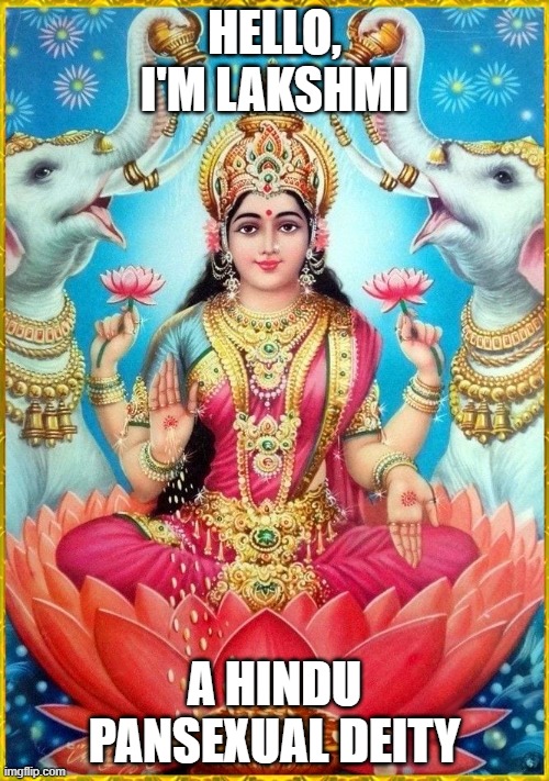 Her spouse is genderfluid xD | HELLO, I'M LAKSHMI; A HINDU PANSEXUAL DEITY | image tagged in lgbt,deities,hindu,deity,goddess,pansexual | made w/ Imgflip meme maker