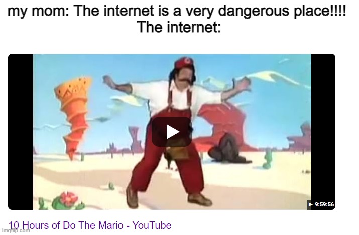 You now have the song stuck in your head. You're welcome. | my mom: The internet is a very dangerous place!!!! 
The internet: | image tagged in the internet,do the mario | made w/ Imgflip meme maker